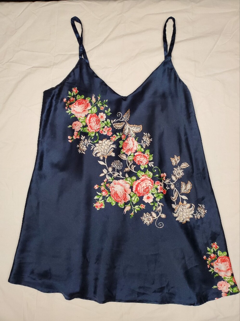 Jones New York Navy Satin Chemise Nightgown Floral Adjustable Straps XL